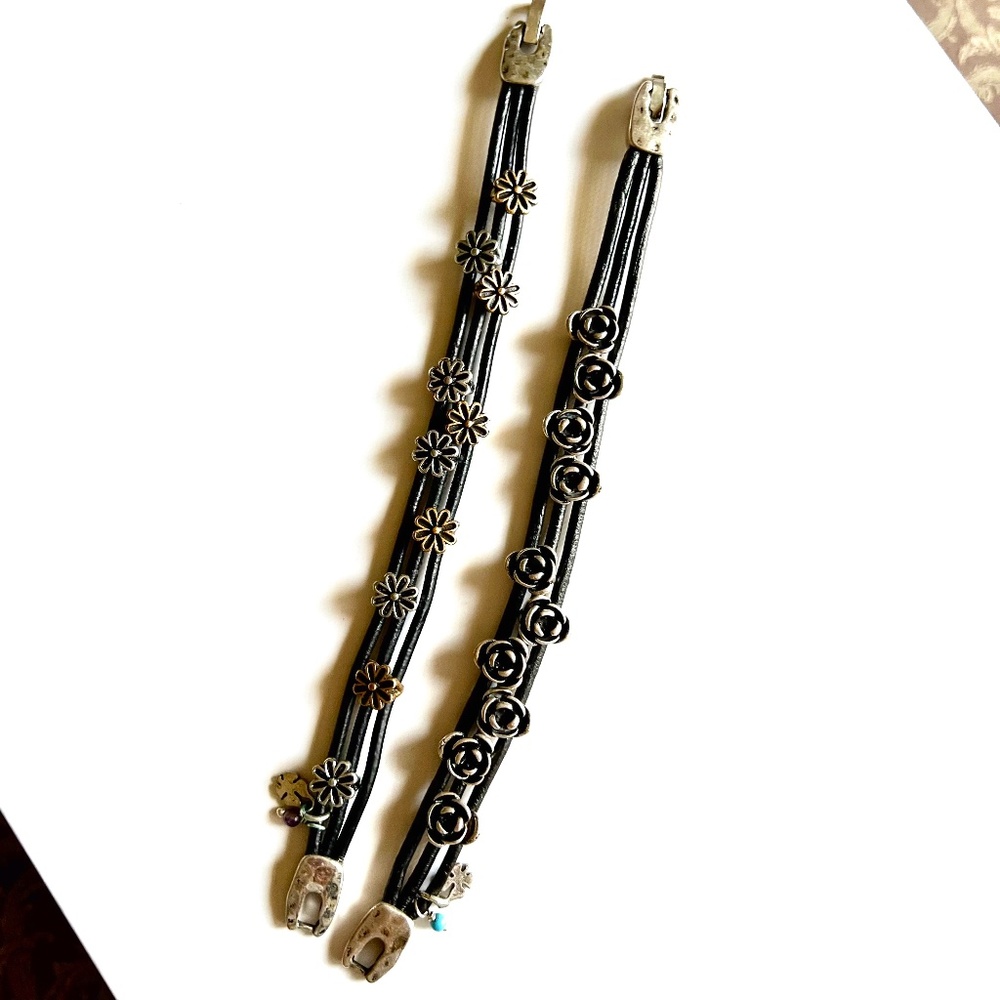 Lucky Brand Bracelets - Two Tone Metal Flowers - Black Woven Leather